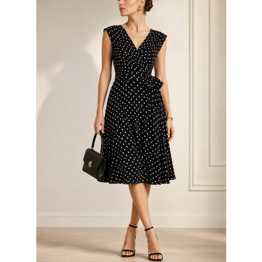 Lauren Ralph Lauren Black White Polka Dot Wrap Style Midi Dress Belted Size - 6